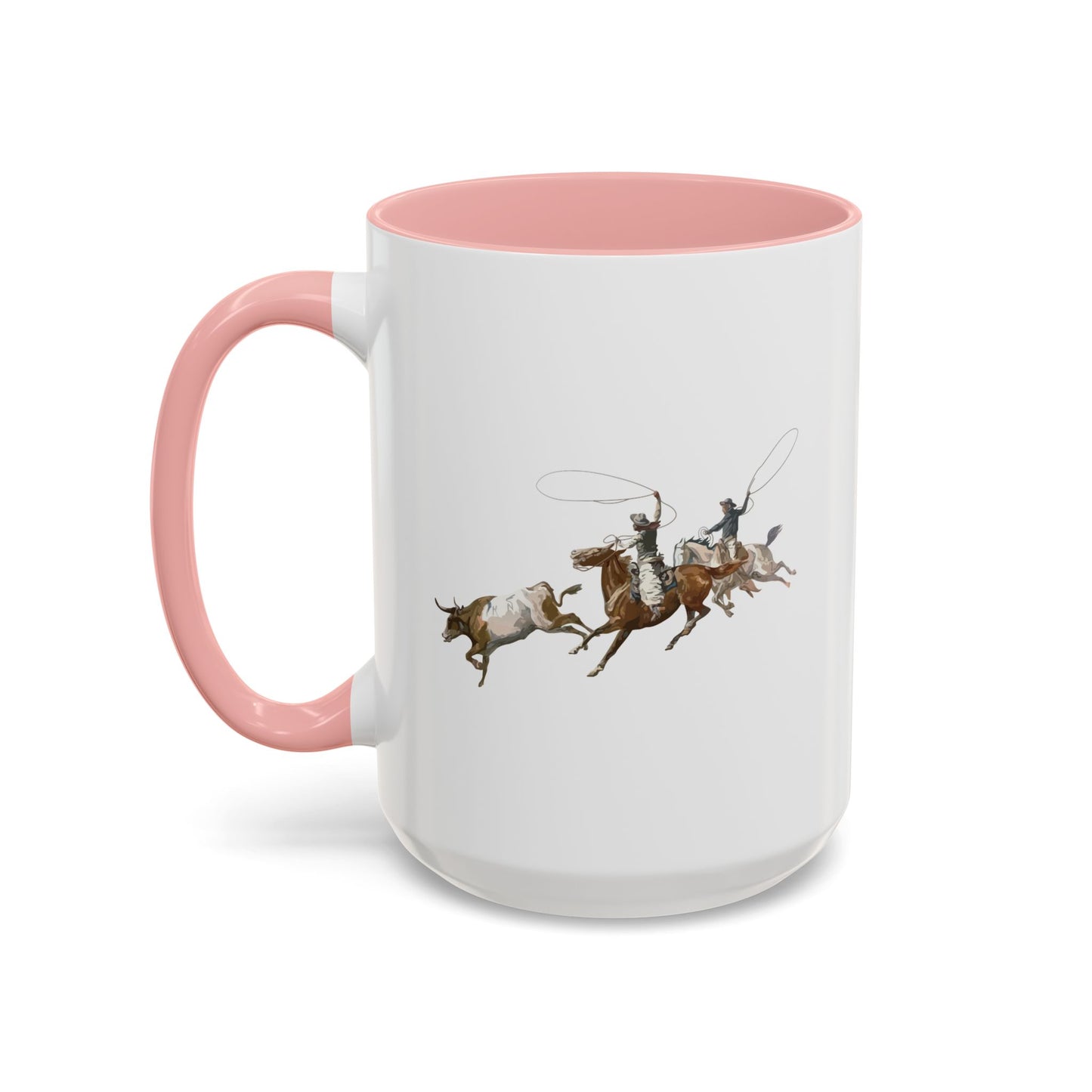 Accent Coffee Mug (11, 15oz) - 2 Cowboys Roping 1 Longhorn X 300