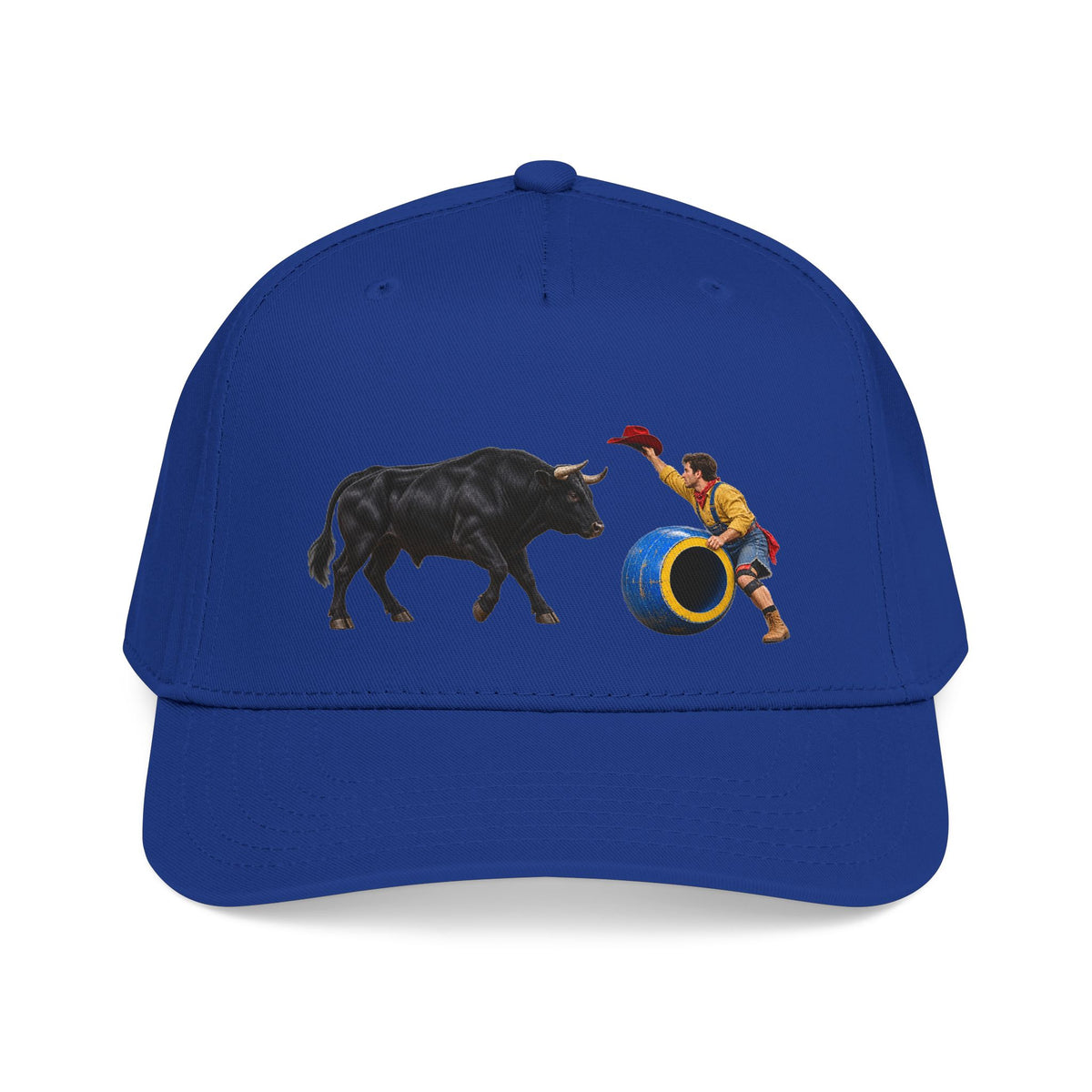 Mid Profile Baseball Cap — Cowboys - Clown Teasing Bull, Barrel - 3D Transparent